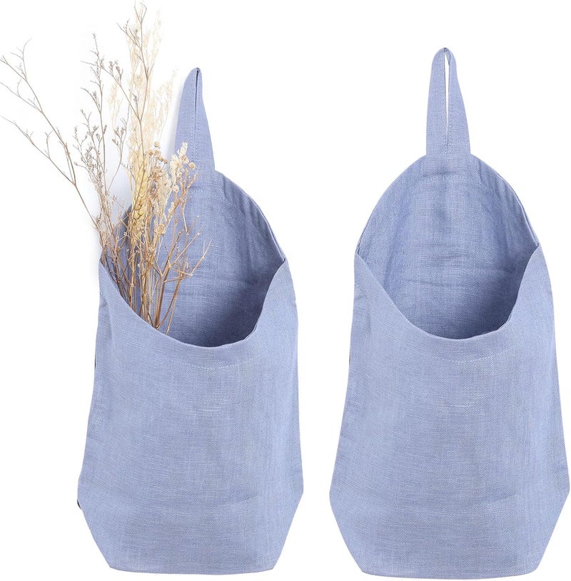 HSOFTIFY 100% Linen Hanging Bags - 2 Pcs, Small Wall Storage Baskets for Kitchen, Bedroom, RV, Camper Organizer, Sewing Room, Nursery, Kids Room, Blue - Image 1